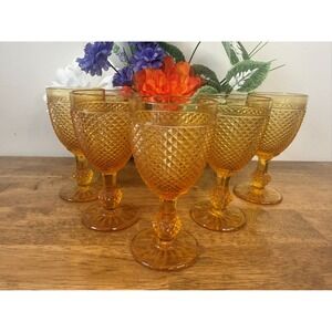 Vintage Amber Glass Diamond Point Goblets‎ Set Mid Century Pressed Glass